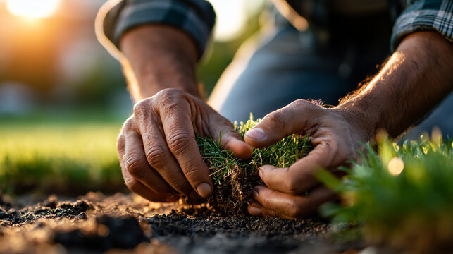 A faceless figure seen from behind kneeling at the edge of a vivid green lawn, pressing new turf patches into bare patches by hand in full afternoon sunlight, hands pressing