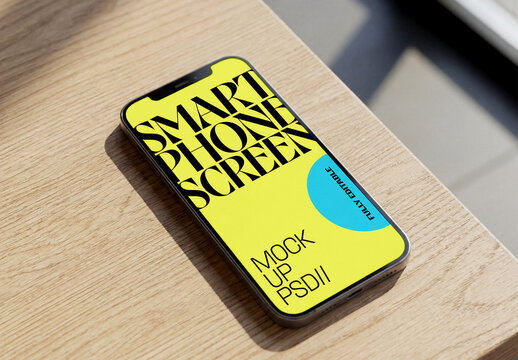Smartphone Screen on Wooden Table With Sunlight Mockup
