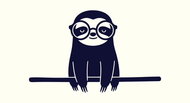 Adorable Minimalist Sloth Wearing Glasses Sitting on a Branch Vector Illustration for Kid Designs