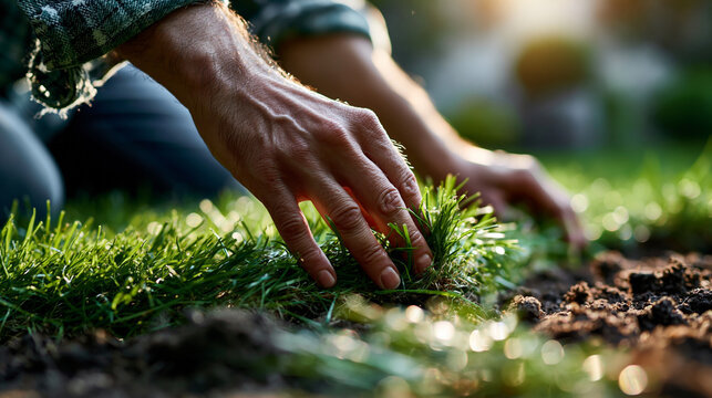 A faceless figure seen from behind kneeling at the edge of a vivid green lawn, pressing new turf patches into bare patches by hand in full afternoon sunlight, hands pressing