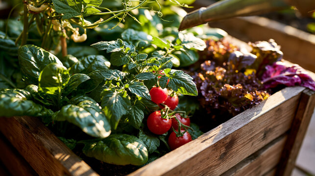 Overhead view of a beautifully sunlit raised vegetable bed filled with vivid leafy greens, bright cherry tomato vines, and climbing bean tendrils curling upward, a watering can