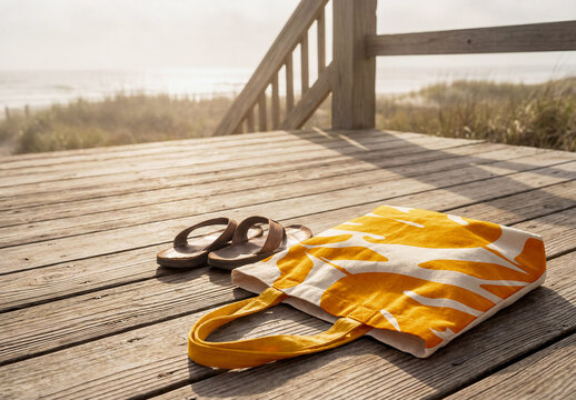 Canvas Tote Bag on Beach Boardwalk With Sandals Mockup
