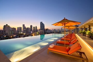 Fototapeta premium Rooftop infinity pool with orange lounge chairs and umbrellas overlooking city skyline at sunset