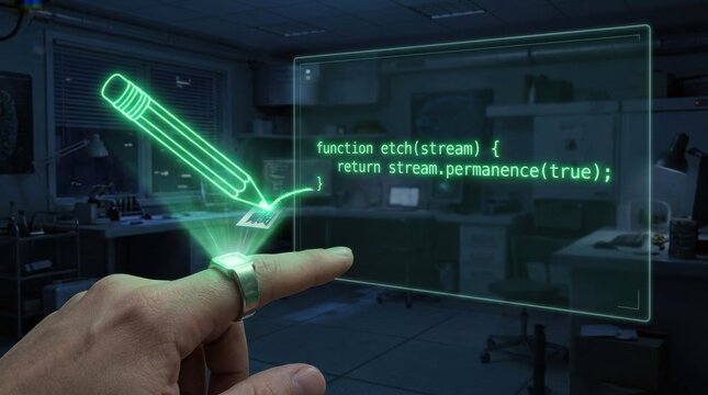 Hand interacting with digital code projection in futuristic workspace