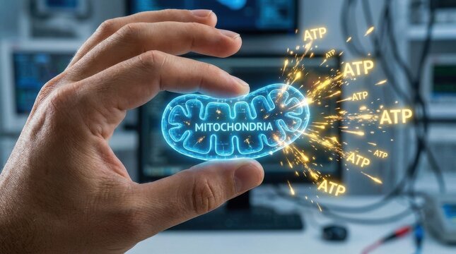 Hand holding 3d rendered mitochondria with atp energy particles on digital screen