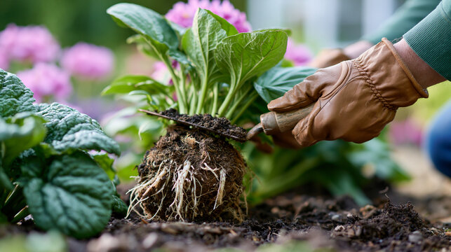 Close-up of a gloved hand using a narrow trowel to carefully remove an established perennial from between two other plants in a bright border, the root ball intact and pale roots