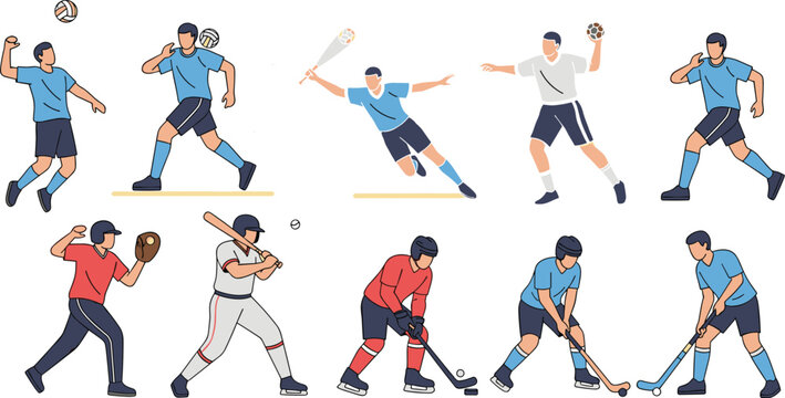 Male Athlete Sports Action Collection Featuring Volleyball Baseball Hockey and Handball Players Vector Illustration Set