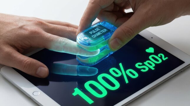 Hand holding pulse oximeter on tablet displaying 100 percent oxygen saturation