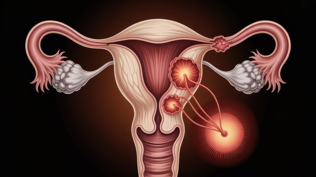 Medical illustration of human female uterus showing fibroids and tumors in the reproductive system organ