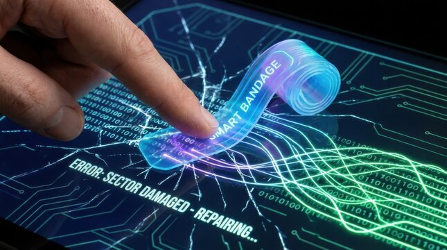 Finger touching digital security badge with error sector damage repair interface