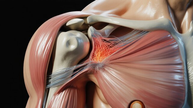 Anatomical view of the human shoulder joint showing muscles bones and ligaments in a detailed medical study