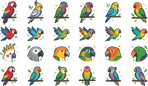 Cute Cartoon Parrot Species Icons Collection Colorful Birds Perched Flying Tropical Vector Sticker Set