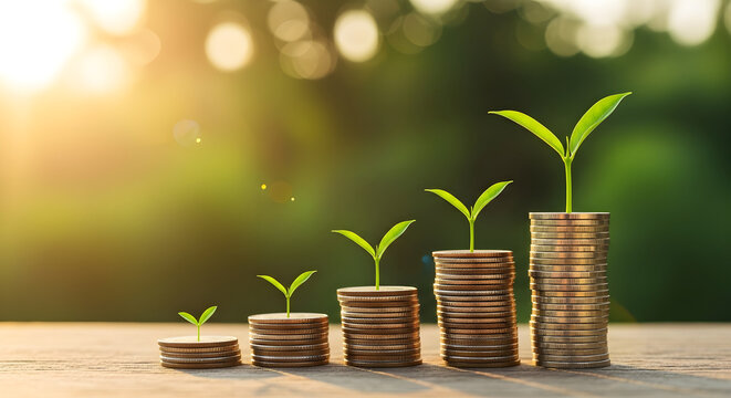 Financial Growth Concept with Stacks of Coins and Growing Green Plants for Investment and Sustainable Finance Marketing.