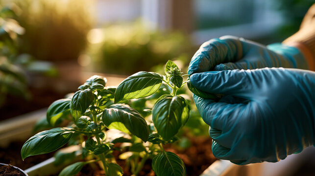 Close-up of a gloved hand pinching out the growing tip of a young basil plant in brilliant sunlight, the small tip falling away and the vivid green foliage glowing all around the