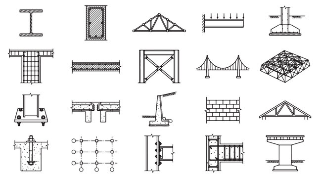Structural Engineering and Architectural Detail Icon Set - Vector Symbols for Construction Blueprints, Concrete Reinforcement, Steel Joists, and Civil Engineering Diagrams
