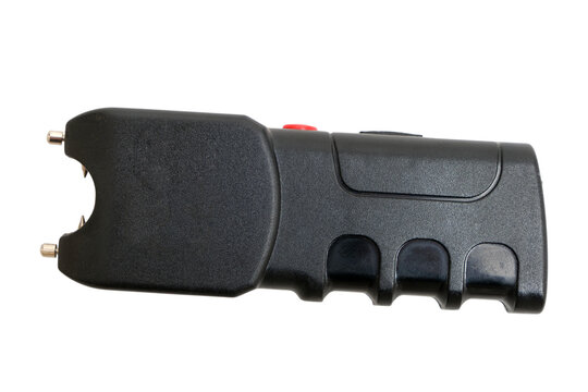 Black electronic stun gun for personal defense. Compact electroshock weapon used for self security and safety against danger. Portable non lethal tool isolated on white background.