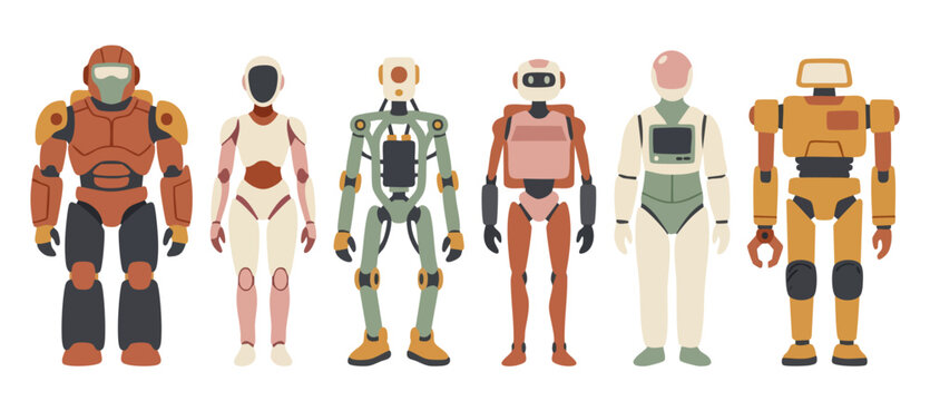 Robot characters set, futuristic mechanical humanoid machines standing in a row, isolated flat vector illustration design for technology concepts and science fiction icons on a white background.