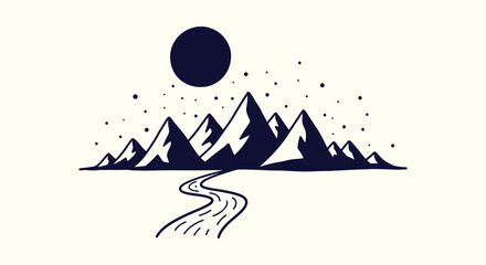 Fototapeta premium Minimalist hand drawn mountain landscape with winding river under sun and stars vector illustration