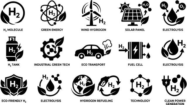 Hydrogen energy logo icon set. eco friendly industry. alternative and green energy symbols black vector icons