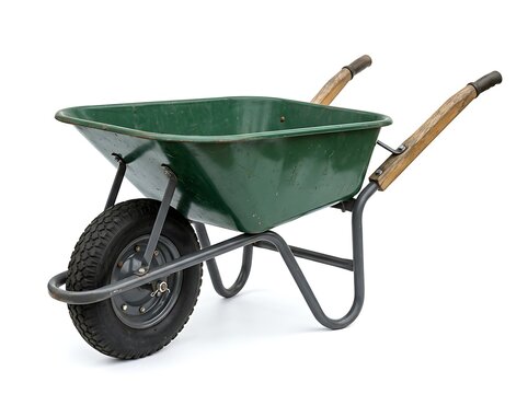 Green metal wheelbarrow with wooden handles and one black wheel outdoors