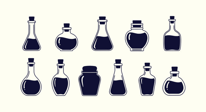 Collection of Minimalist Potion Bottle Icons, Vector Glass Flasks for Alchemy and Magic Designs.