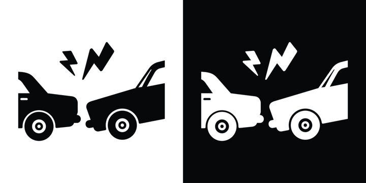 Rear-end collision icon showing two cars crashing. Graphic symbol for traffic accidents, fender bender, insurance services, and safe driving awareness.
