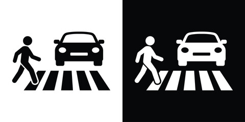 Pedestrian crossing sign with car and zebra stripes. Safety icon for crosswalk zones, urban traffic management, and pedestrian right-of-way design. © bibin