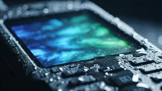 Wet device screen reflects water droplets. Bright colors shimmer under light. Liquid splashes create dynamic effect. Screen displays vibrant, abstract image. Device appears rugged with visible.