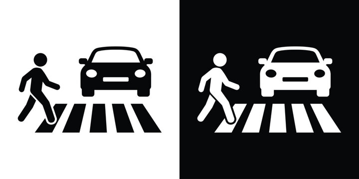 Pedestrian crossing sign with car and zebra stripes. Safety icon for crosswalk zones, urban traffic management, and pedestrian right-of-way design.