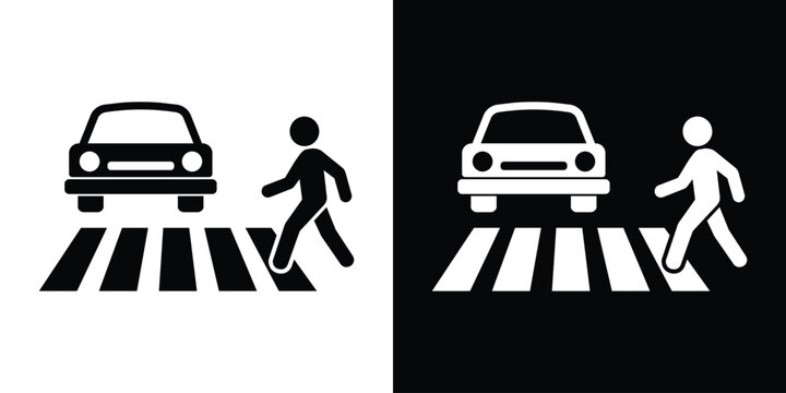 Pedestrian crossing sign with car and zebra stripes. Safety icon for crosswalk zones, urban traffic management, and pedestrian right-of-way design.