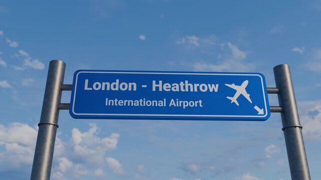 Blue Road Sign for London Heathrow International Airport with Airplane Flying Overhead