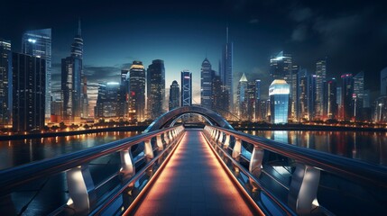Fototapeta premium A photo of a modern bridge lit up in a cityscape.