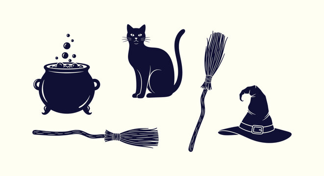 Witch Halloween silhouettes set with cauldron black cat broomsticks and wizard hat on light cream