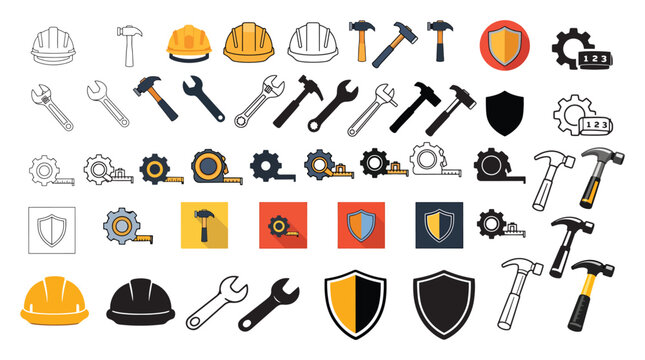 Construction Tools and Safety Icons Set &mdash; Helmets, Hammers, Wrenches and Gear Symbols