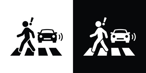 Pedestrian alert icon showing a person crossing the road with a warning exclamation mark as a car approaches. Ideal for road safety, traffic awareness, and urban hazard concepts. © bibin