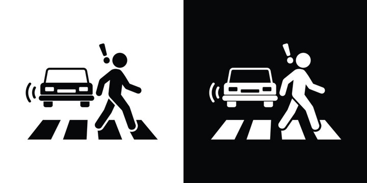 Pedestrian alert icon showing a person crossing the road with a warning exclamation mark as a car approaches. Ideal for road safety, traffic awareness, and urban hazard concepts.