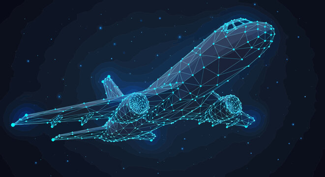 Airplane wireframe model glides through a deep blue digital space representing modern aviation technology and global connectivity.