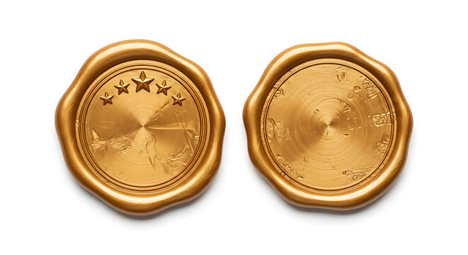 Two shiny gold coins on reflective surface