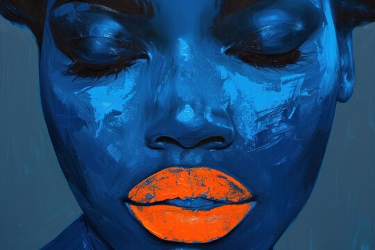 Painting of a woman with orange lips and blue face representing makeup and cosmetics trends