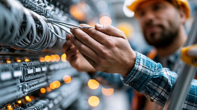 Faceless network engineer on a ladder inside a large telecommunications facility, hands connecting fiber optic cables to overhead patch panels, defocused rows of cable management