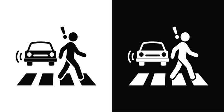 Pedestrian alert icon showing a person crossing the road with a warning exclamation mark as a car approaches. Ideal for road safety, traffic awareness, and urban hazard concepts.