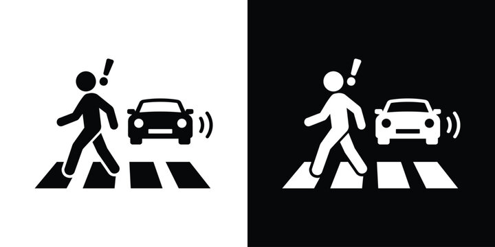 Pedestrian alert icon showing a person crossing the road with a warning exclamation mark as a car approaches. Ideal for road safety, traffic awareness, and urban hazard concepts.