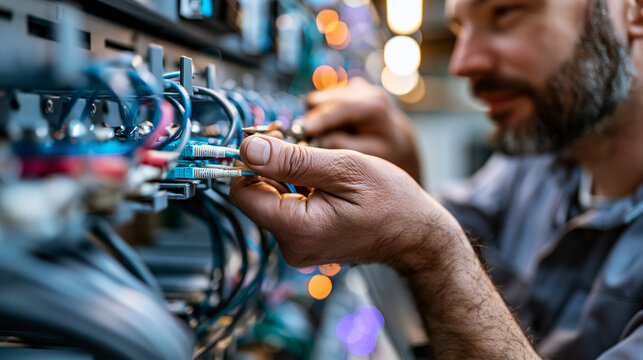 Faceless network engineer on a ladder inside a large telecommunications facility, hands connecting fiber optic cables to overhead patch panels, defocused rows of cable management
