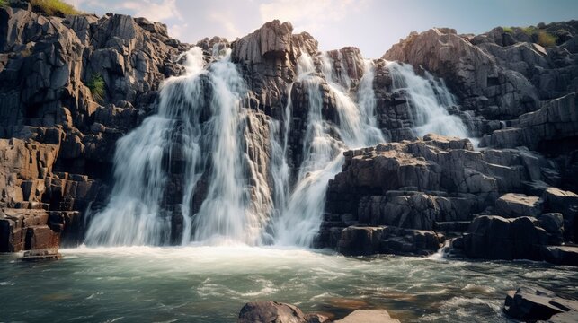 A photo of a multi-tiered waterfall cascading down rocks