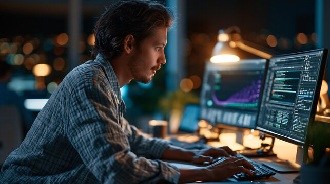 Faceless developer working late at a dual-monitor workstation, primary screen displaying a live AI training loss curve graph, secondary showing dataset preprocessing code,