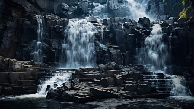 A photo of a multi-tiered waterfall cascading down rocks