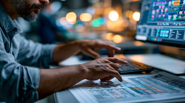 Unrecognizable manufacturing supervisor examining a CAD-based production layout on a monitor alongside a physical assembly floor plan on the desk, defocused factory production