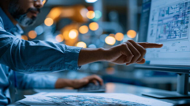 Unrecognizable manufacturing supervisor examining a CAD-based production layout on a monitor alongside a physical assembly floor plan on the desk, defocused factory production