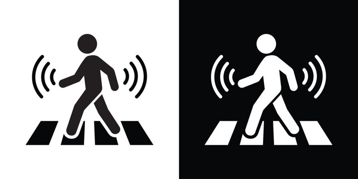 Smart pedestrian icon with signal waves crossing a zebra path. Represents motion sensors, autonomous technology, and high-tech safety systems in modern smart city infrastructure.