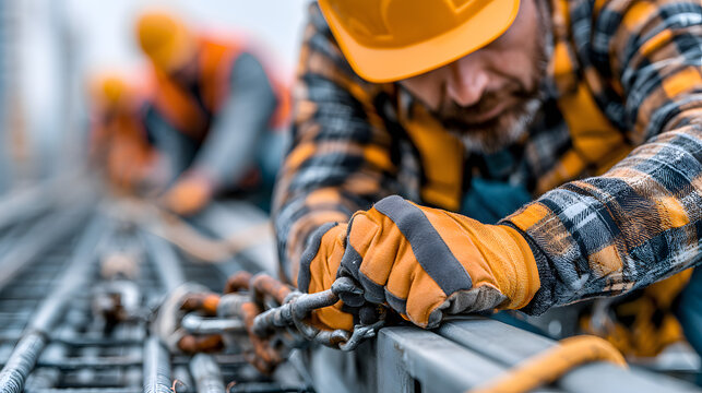 Construction workers are putting on safety equipment while working at heights on an industrial project. The roof structure has fall arrestor devices that have hooks for safety body harnesses. Safety i